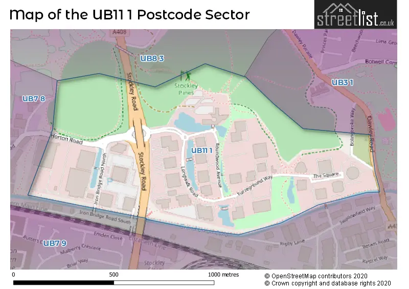Map of the UB11 1 and surrounding postcode sector