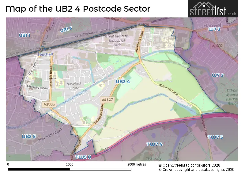 Map of the UB2 4 and surrounding postcode sector