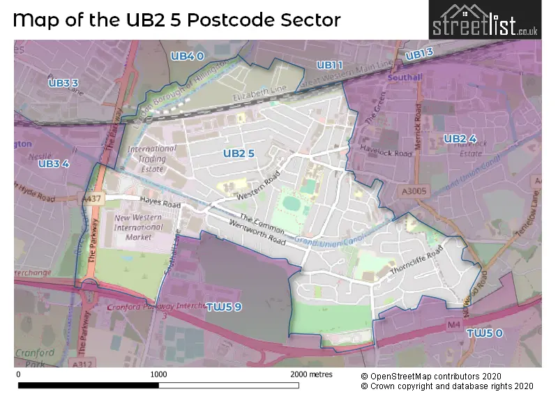 Map of the UB2 5 and surrounding postcode sector
