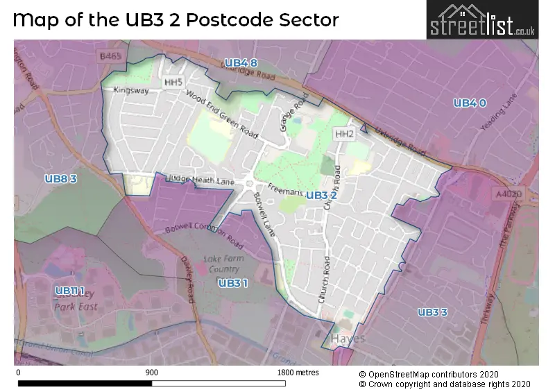 Map of the UB3 2 and surrounding postcode sector