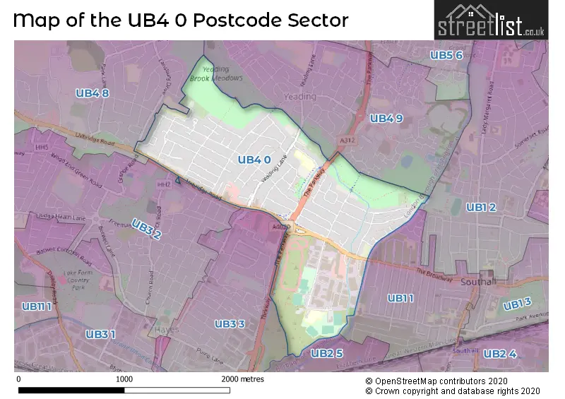 Map of the UB4 0 and surrounding postcode sector