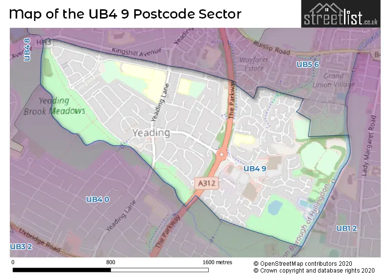 Map of the UB4 9 and surrounding postcode sector