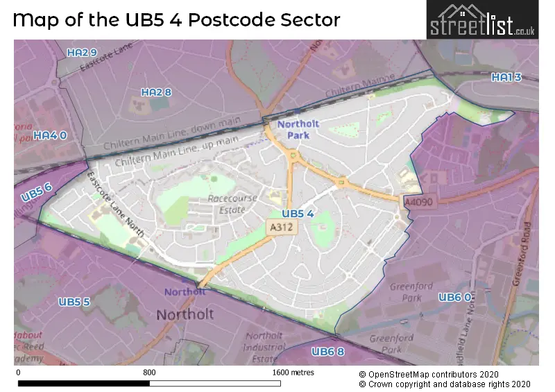 Map of the UB5 4 and surrounding postcode sector