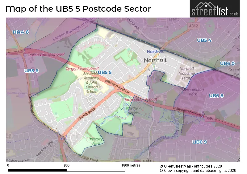 Map of the UB5 5 and surrounding postcode sector
