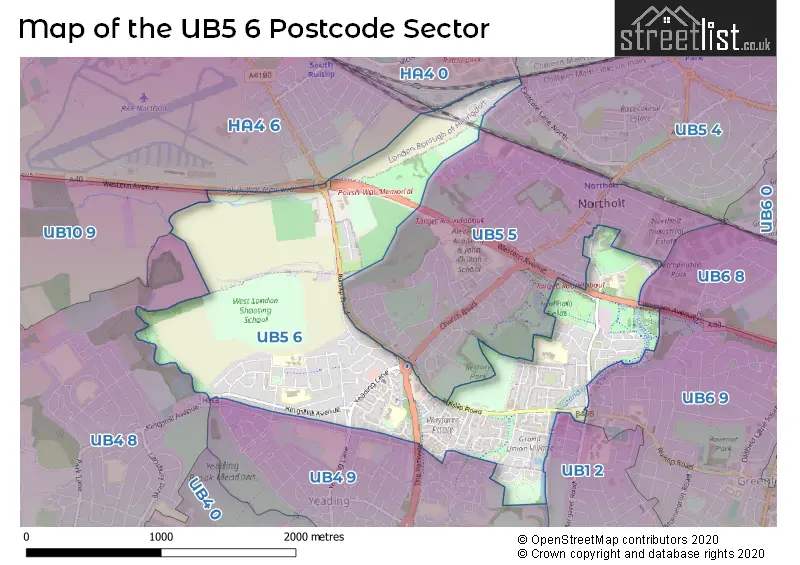 Map of the UB5 6 and surrounding postcode sector