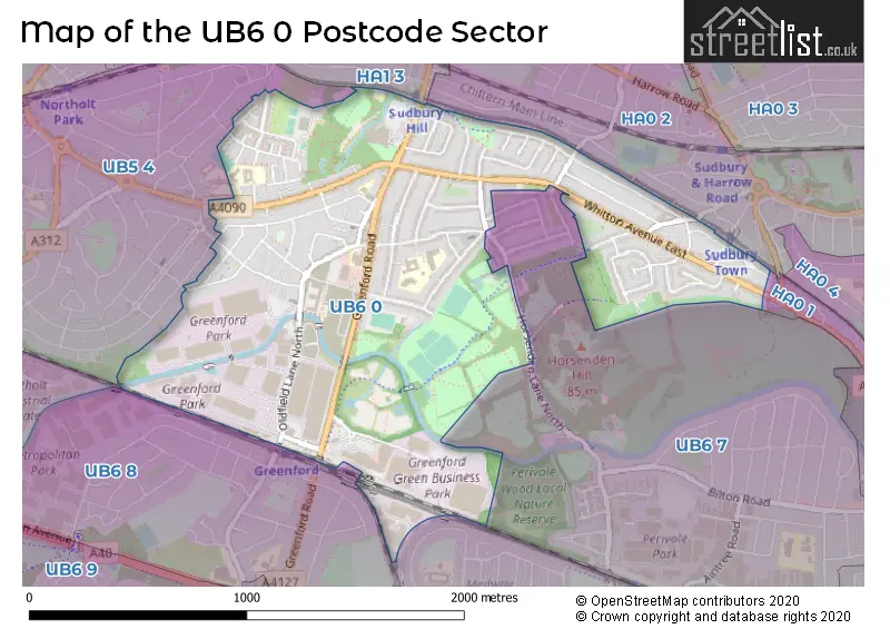 Map of the UB6 0 and surrounding postcode sector