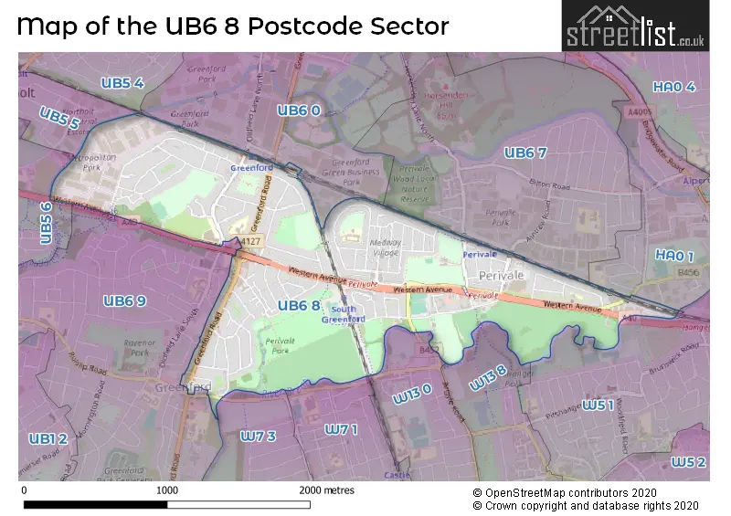 Map of the UB6 8 and surrounding postcode sector