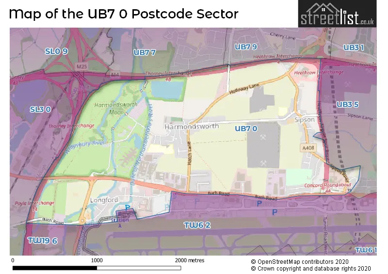 Map of the UB7 0 and surrounding postcode sector