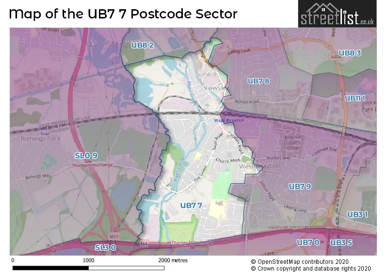 Map of the UB7 7 and surrounding postcode sector