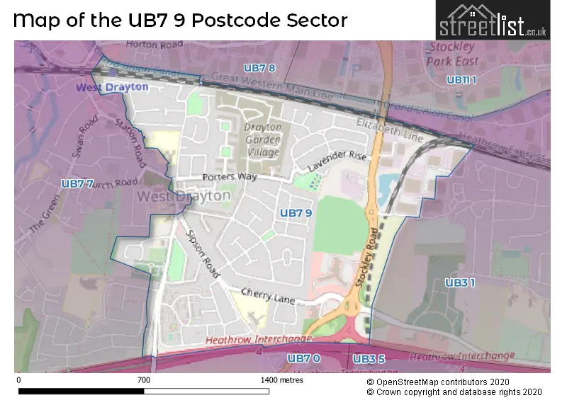 Map of the UB7 9 and surrounding postcode sector