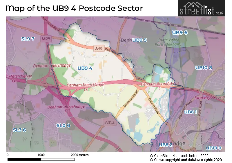 Map of the UB9 4 and surrounding postcode sector