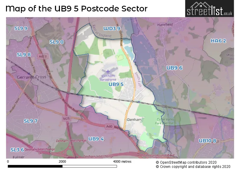 Map of the UB9 5 and surrounding postcode sector