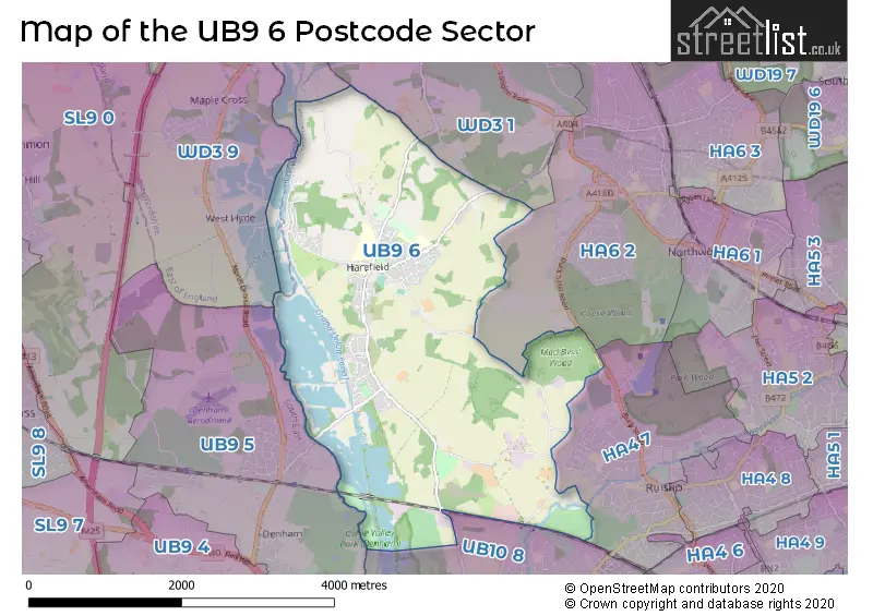 Map of the UB9 6 and surrounding postcode sector