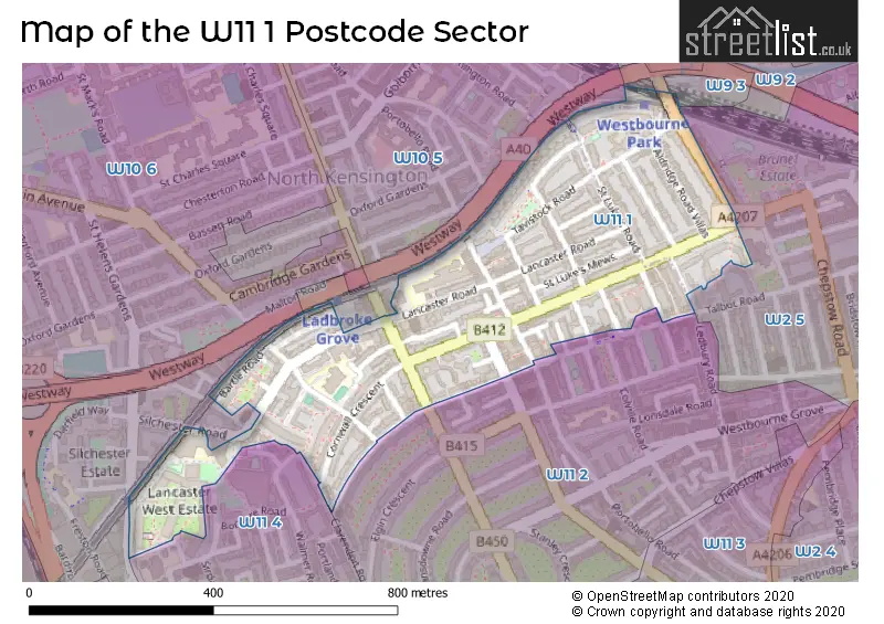 Map of the W11 1 and surrounding postcode sector