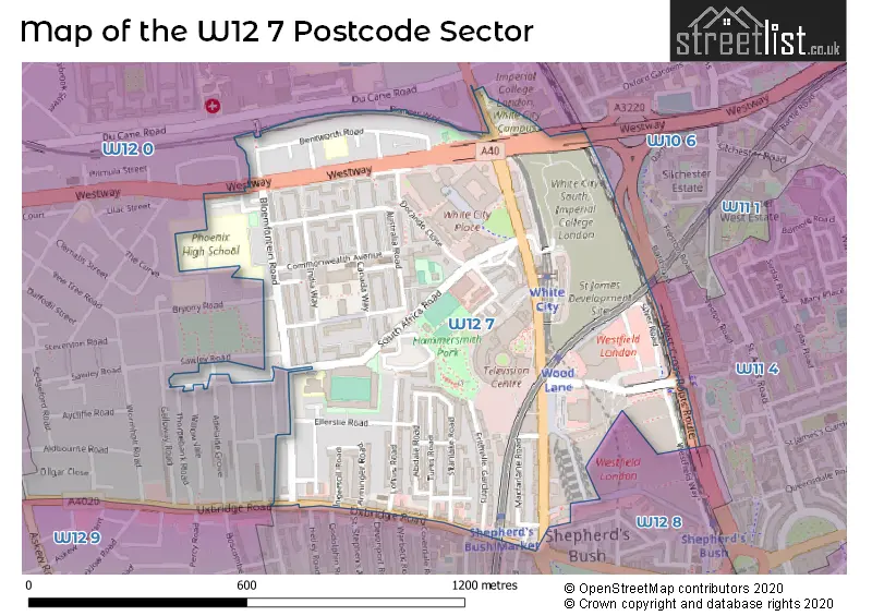 Map of the W12 7 and surrounding postcode sector