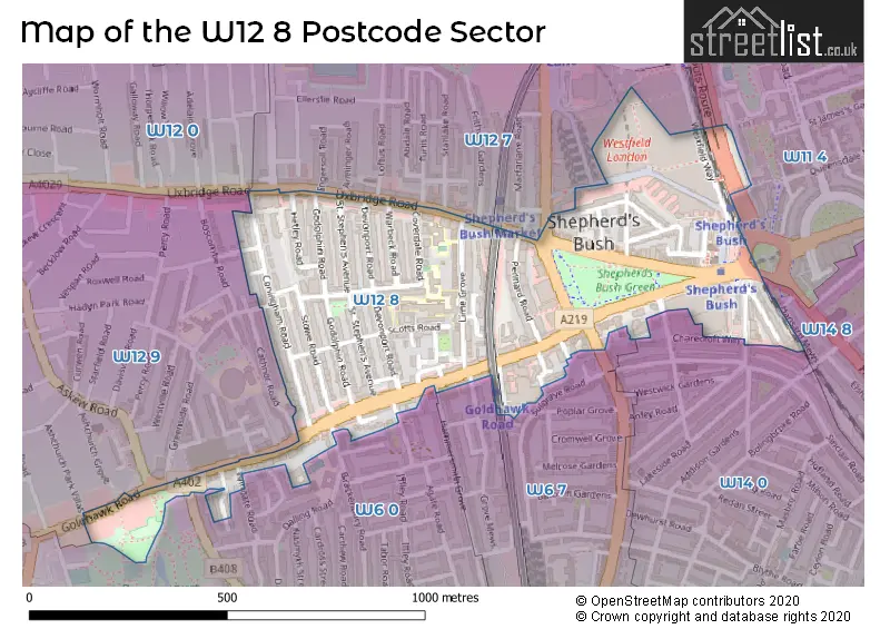 Map of the W12 8 and surrounding postcode sector