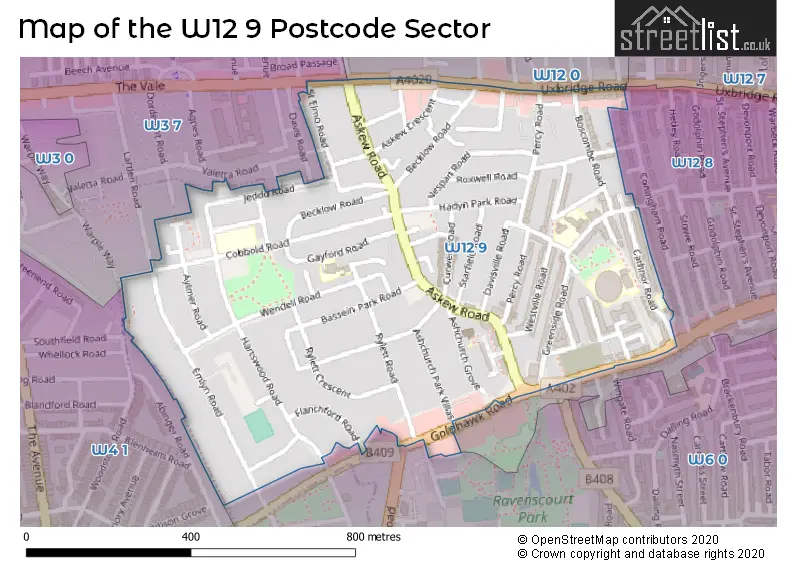 Map of the W12 9 and surrounding postcode sector