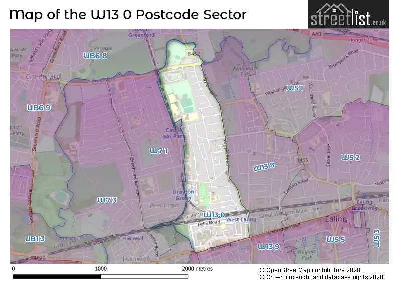 Map of the W13 0 and surrounding postcode sector