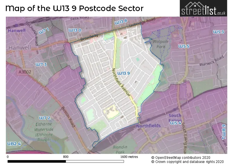 Map of the W13 9 and surrounding postcode sector