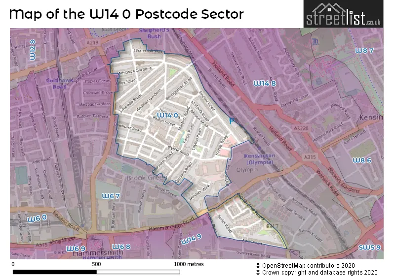 Map of the W14 0 and surrounding postcode sector