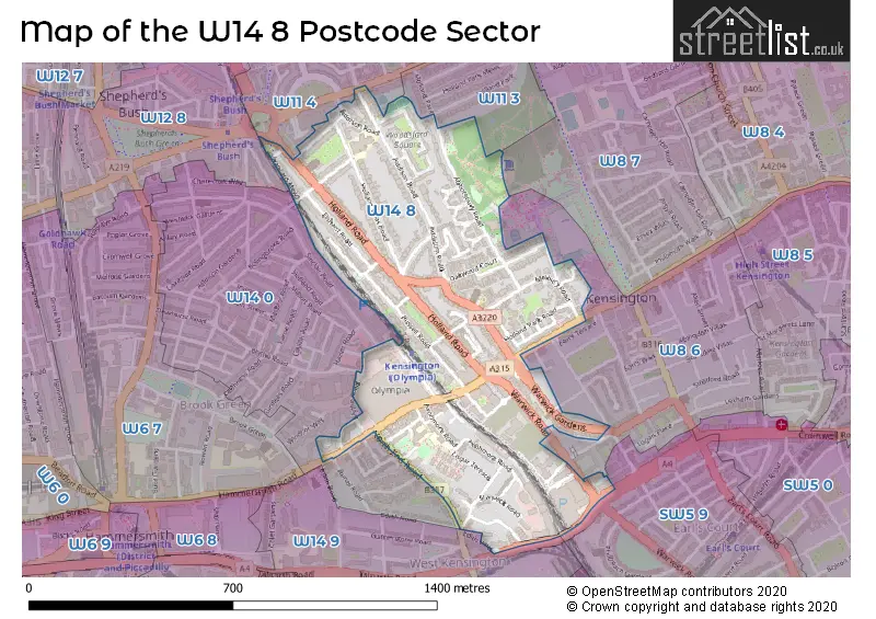 Map of the W14 8 and surrounding postcode sector