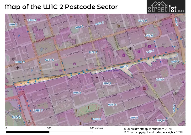 Map of the W1C 2 and surrounding postcode sector