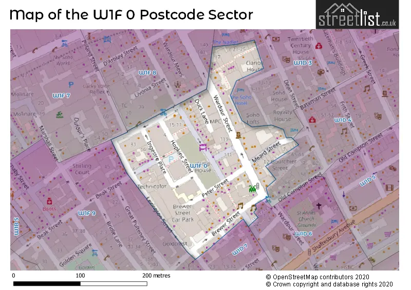 Map of the W1F 0 and surrounding postcode sector