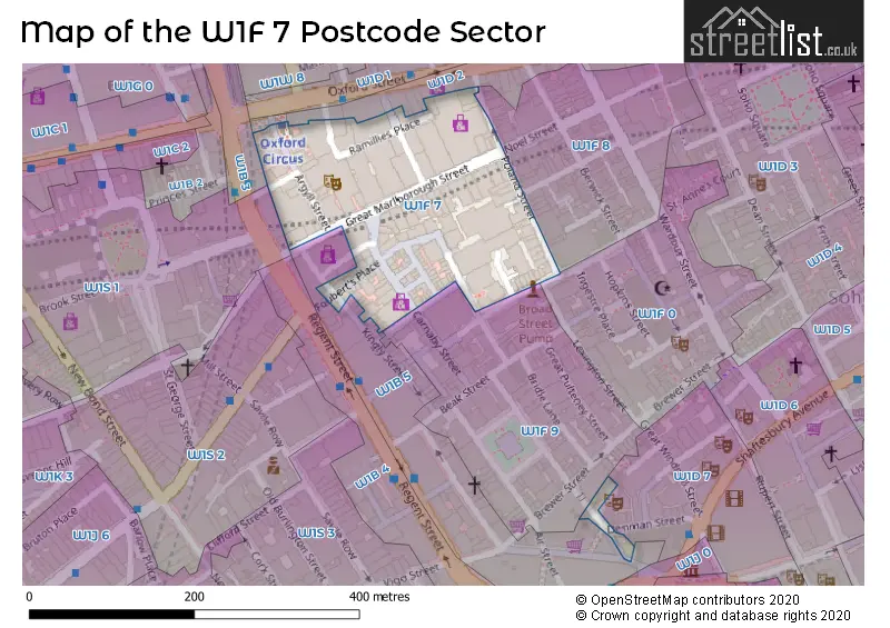 Map of the W1F 7 and surrounding postcode sector