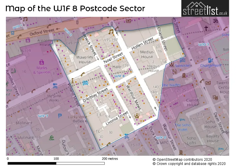 Map of the W1F 8 and surrounding postcode sector