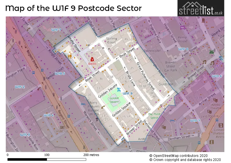 Map of the W1F 9 and surrounding postcode sector