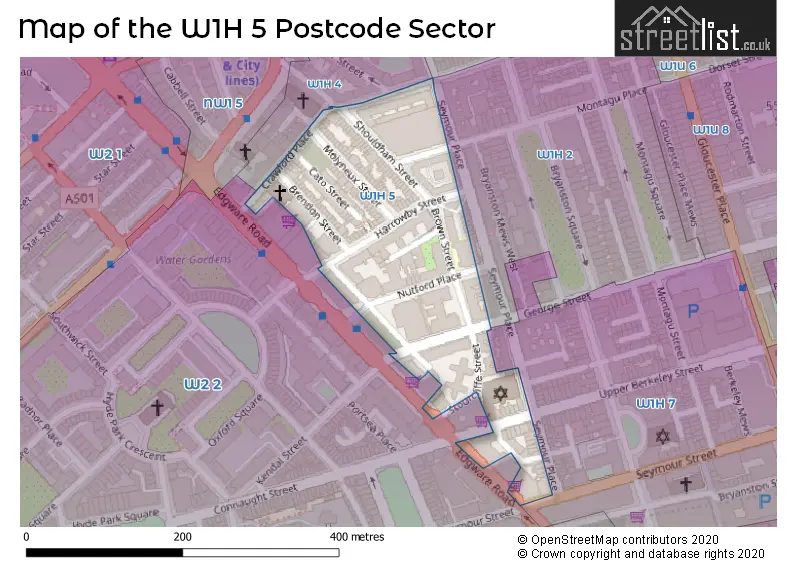 Map of the W1H 5 and surrounding postcode sector