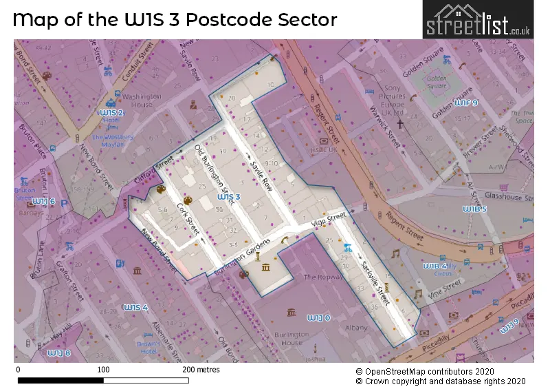 Map of the W1S 3 and surrounding postcode sector