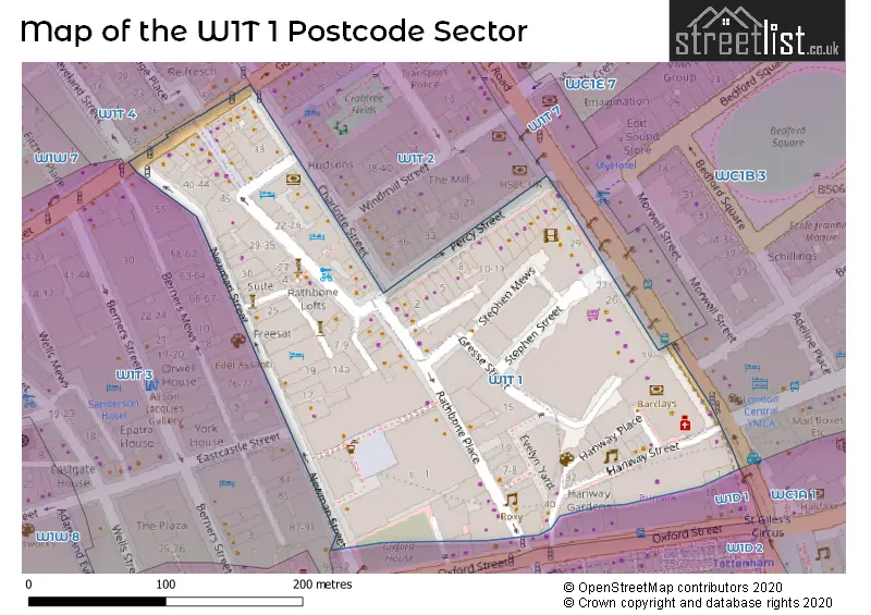 Map of the W1T 1 and surrounding postcode sector