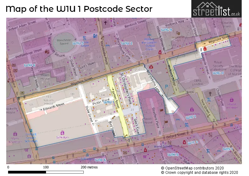 Map of the W1U 1 and surrounding postcode sector
