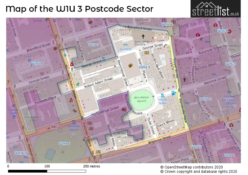 Map of the W1U 3 and surrounding postcode sector