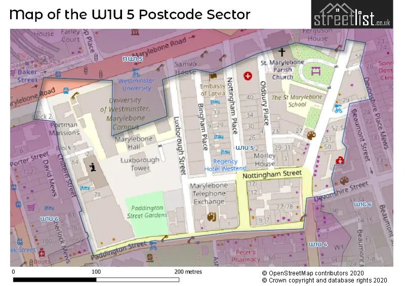 Map of the W1U 5 and surrounding postcode sector