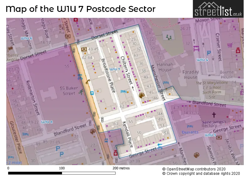 Map of the W1U 7 and surrounding postcode sector