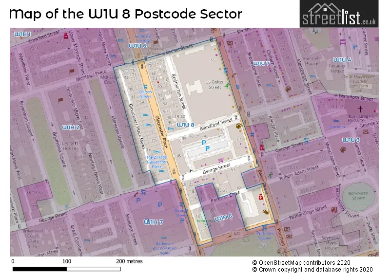 Map of the W1U 8 and surrounding postcode sector
