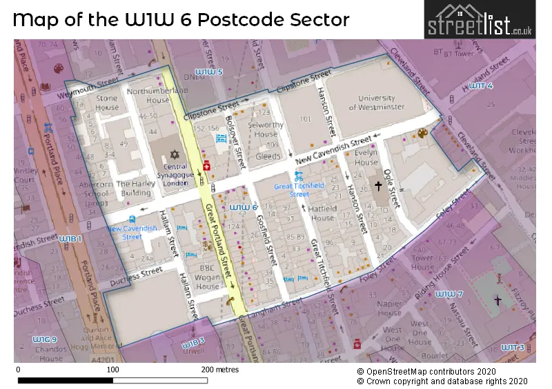Map of the W1W 6 and surrounding postcode sector