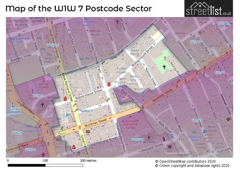 Map of the W1W 7 and surrounding postcode sector