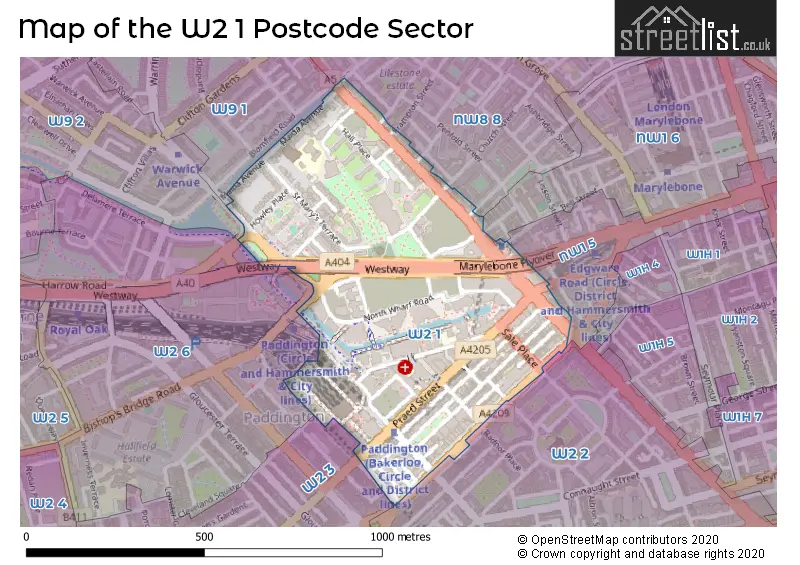 Map of the W2 1 and surrounding postcode sector