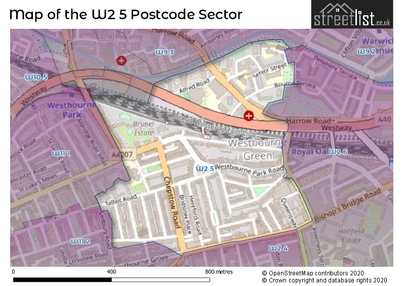 Map of the W2 5 and surrounding postcode sector