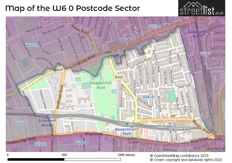 Map of the W6 0 and surrounding postcode sector