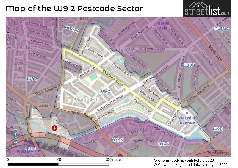 Map of the W9 2 and surrounding postcode sector