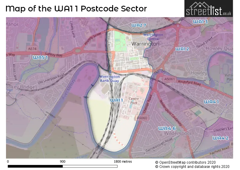 Map of the WA1 1 and surrounding postcode sector