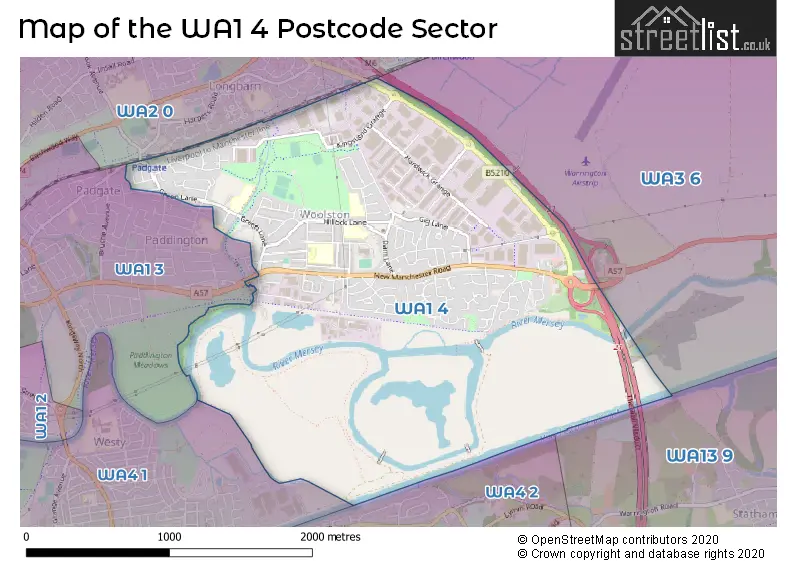 Map of the WA1 4 and surrounding postcode sector