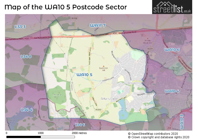 Map of the WA10 5 and surrounding postcode sector