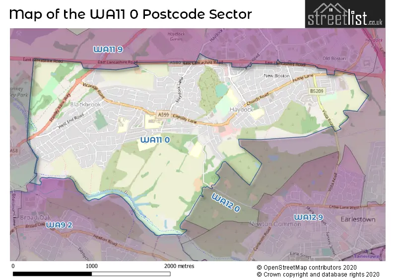 Map of the WA11 0 and surrounding postcode sector