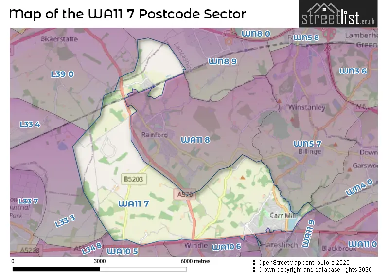 Map of the WA11 7 and surrounding postcode sector