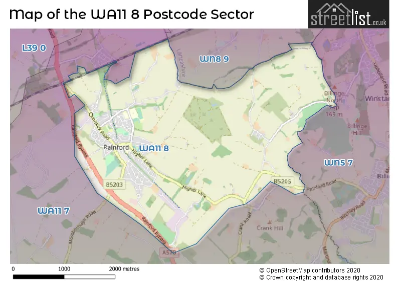 Map of the WA11 8 and surrounding postcode sector
